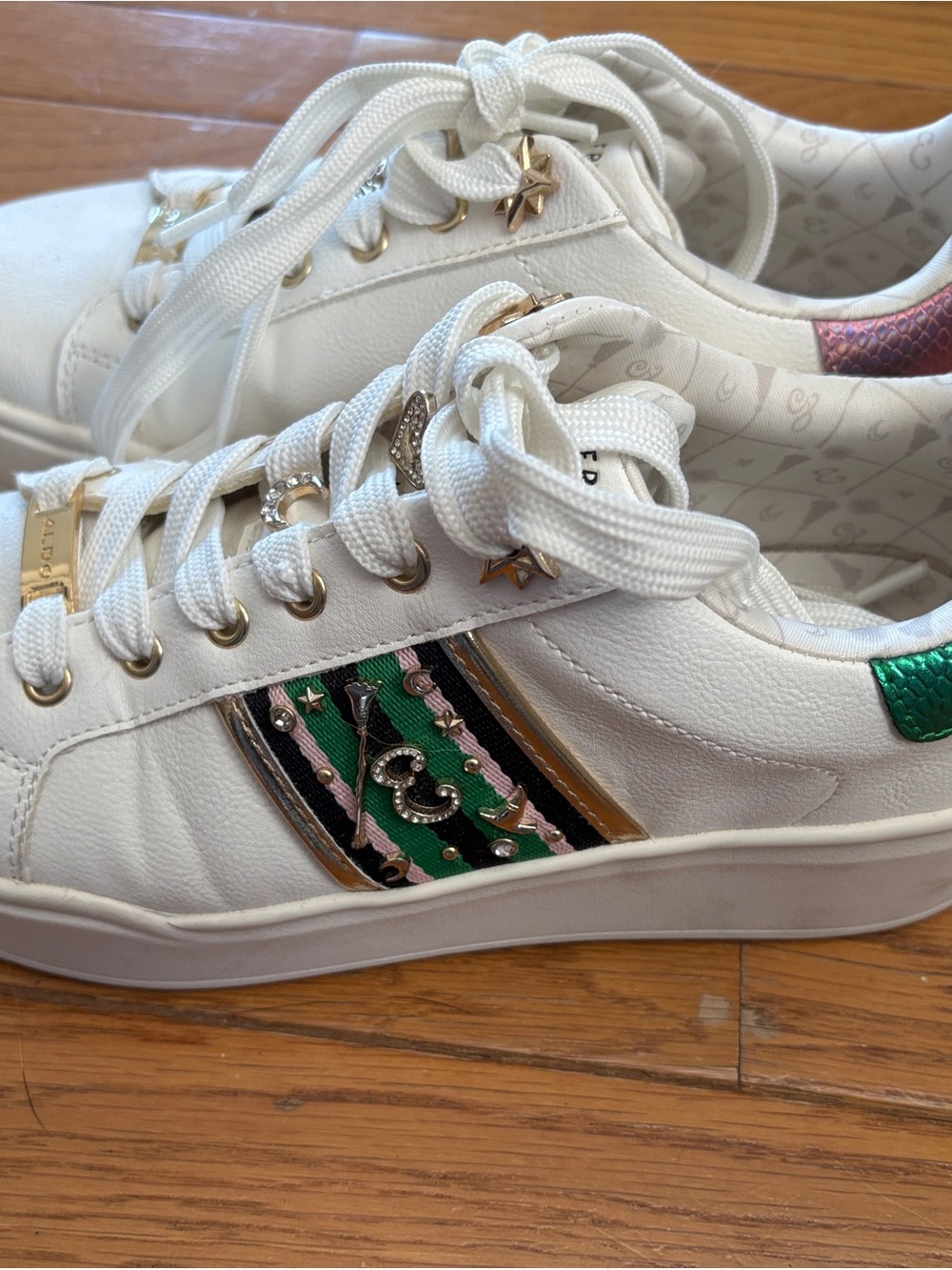 Aldo White Leather Sneakers with Green and Pink Striped Accent and Gold Trim